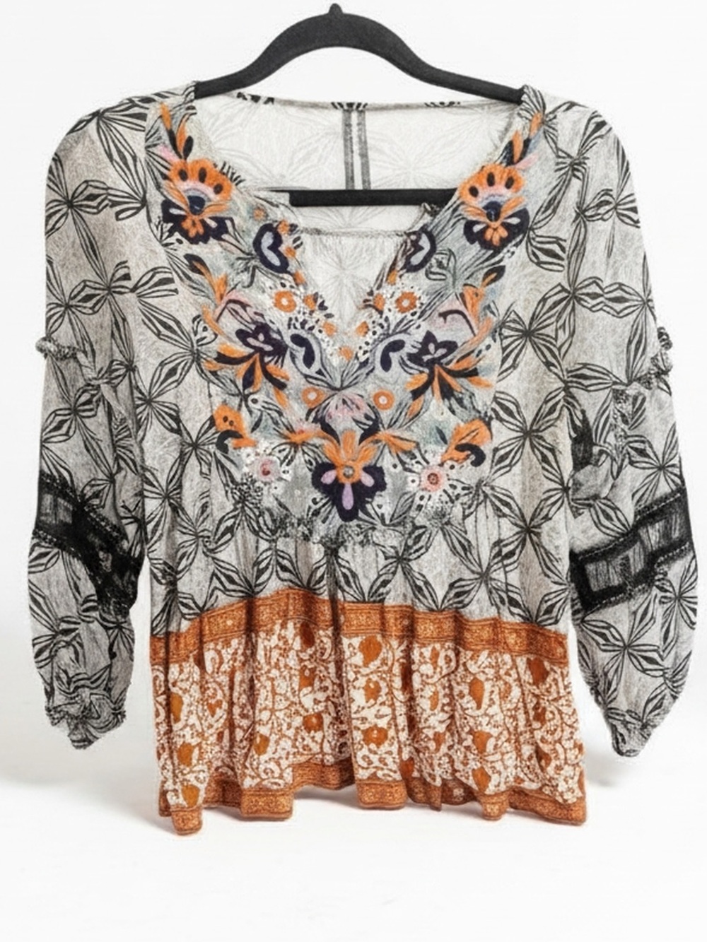 Anthropologie Cream Tunic with Orange and Navy Embroidery